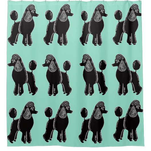 黒い標準プードルの水のミントのシャワー・カーテン シャワーカーテン (正面)
