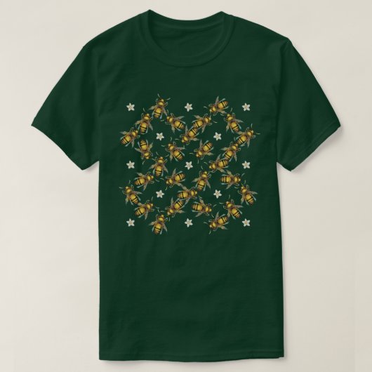 黒い模様のミツバチと花 Tシャツ (デザイン正面)