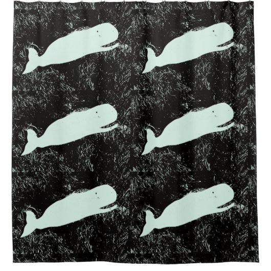 黒い模様の白いクジラ シャワーカーテン (正面)
