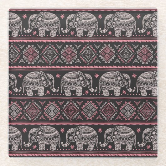 黒い民族象パターン ガラスコースター (正面)