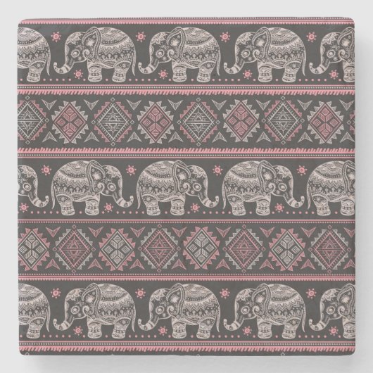 黒い民族象パターン ストーンコースター (正面)
