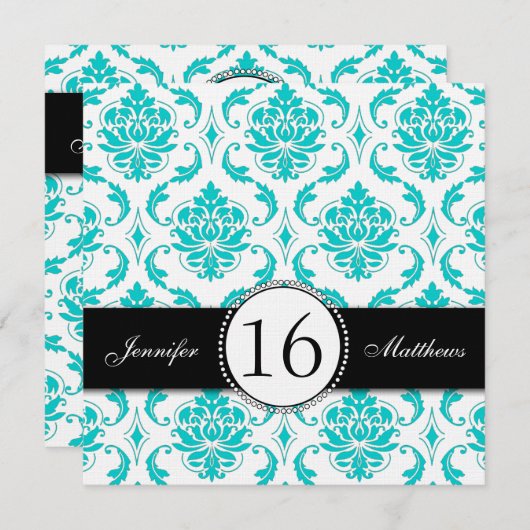 黒い水のダマスク織のSweet sixteenのパーティの招待状 招待状 (正面/裏面)