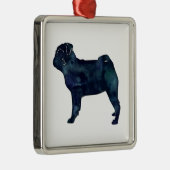 黒い水彩のシルエットをパグ メタルオーナメント (右)
