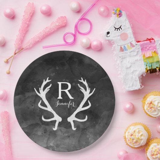 黒い水彩画および素朴なシカの(雄ジカの)枝角のモノグラム ペーパープレート (パーティー)