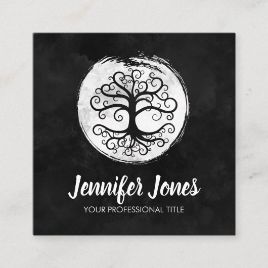 黒い水彩画の白生命の樹 スクエア名刺 (正面)