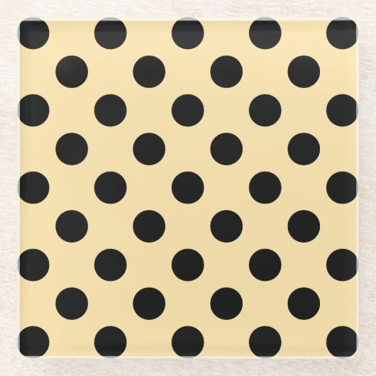 黒い水玉模様が黄色淡い色のに ガラスコースター (正面)