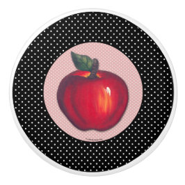 黒い水玉模様で白い赤いりんご セラミックノブ