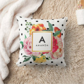 黒い水玉模様の水彩画のシャクヤクによってはモノグラムが開花します クッション (ブランケット)