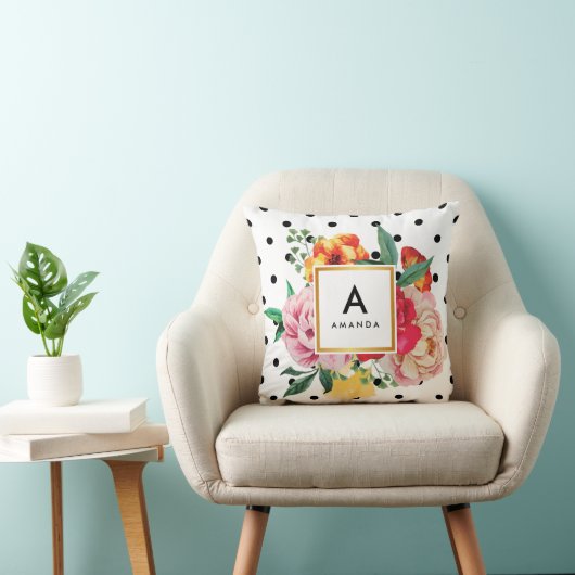 黒い水玉模様の水彩画のシャクヤクによってはモノグラムが開花します クッション (椅子)