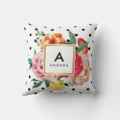 黒い水玉模様の水彩画のシャクヤクによってはモノグラムが開花します クッション (裏面)