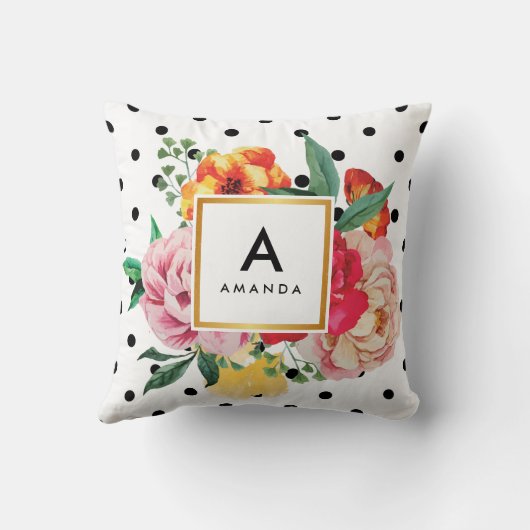 黒い水玉模様の水彩画のシャクヤクによってはモノグラムが開花します クッション (裏面)