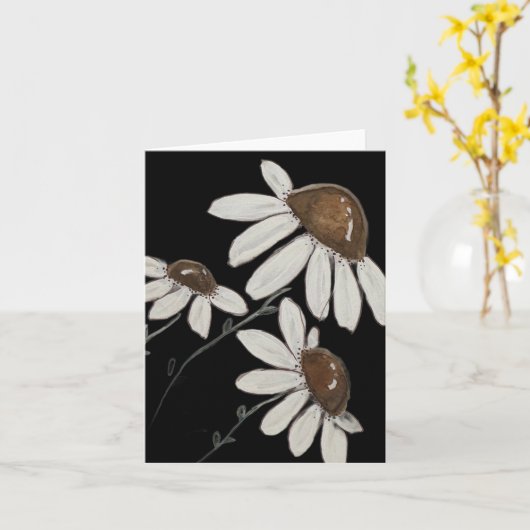 黒い水色のデイジーに白 – 折り空白の畳み カード (黄色い花)