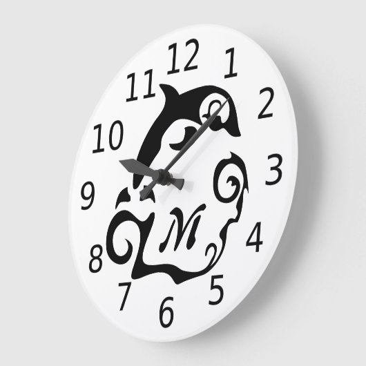 黒い波の中のシルエットイルカ ラージ壁時計 (傾斜)