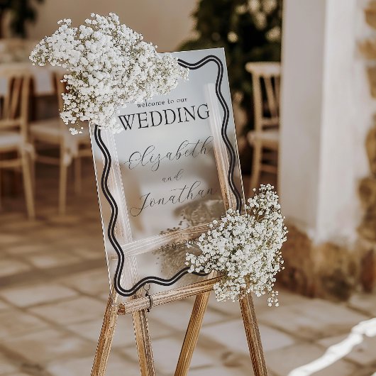 黒い波型フレームのウェディングへようこそ アクリルサイン