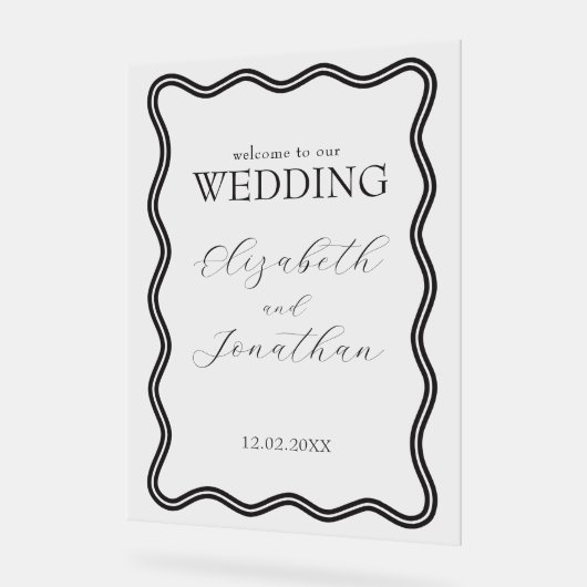 黒い波型フレームのウェディングへようこそ アクリルサイン (傾斜)