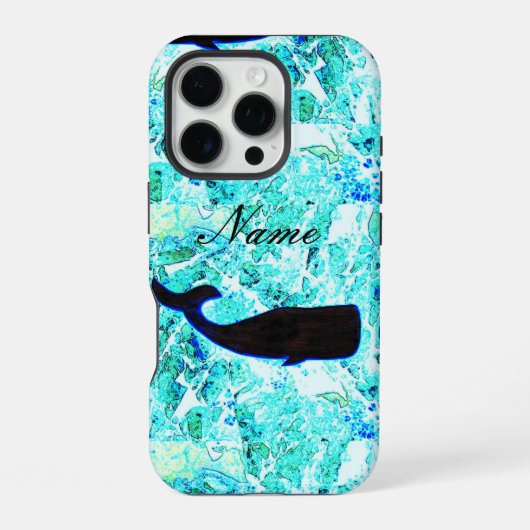 黒い泳ぐクジラ 青 iPhoneケース (裏面)