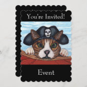 黒い海賊帽をかぶったかわいい緑の目をした猫が赤い船に乗っている 招待状 (正面/裏面)