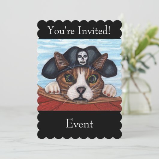 黒い海賊帽をかぶったかわいい緑の目をした猫が赤い船に乗っている 招待状 (スタンド正面)