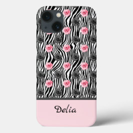 黒い渦巻き上の小さなピンクとグレーのバラパターン Case-Mate iPhone 14ケース
