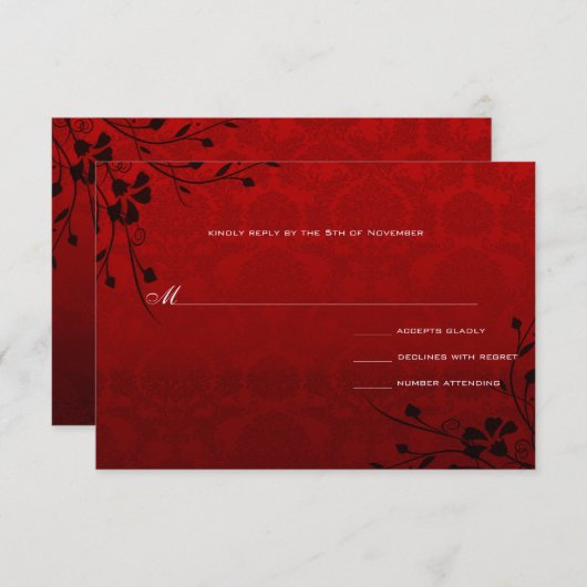 黒い渦巻き明るい赤のメタリックダマスクの結婚式 出欠カード (正面/裏面)