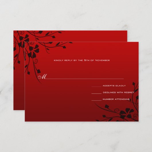 黒い渦巻き赤いメタリックダマスウェディング 出欠カード (正面/裏面)