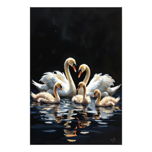 黒い湖の上の白鳥の家族のアートワーク フォトプリント