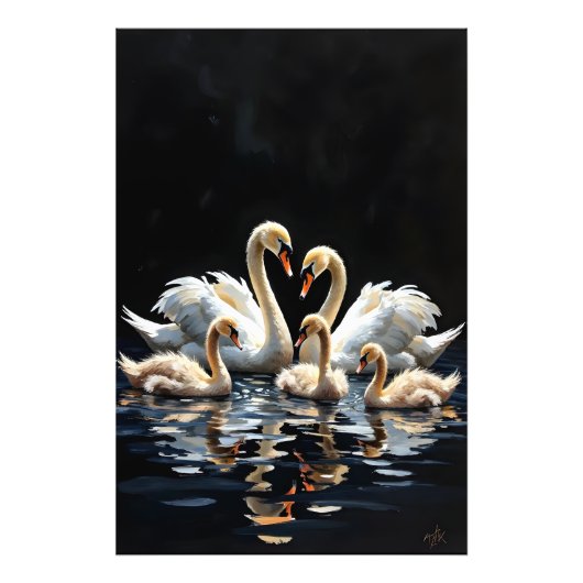黒い湖の上の白鳥の家族のアートワーク フォトプリント            (正面)