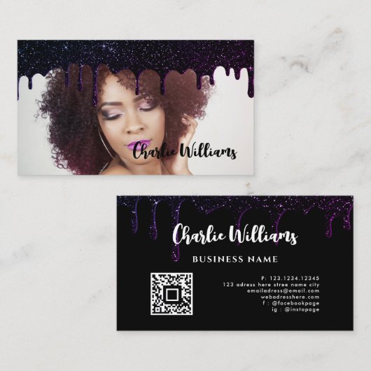 黒い滴下グリッターQRコード自分の画像を追加 名刺 (正面/裏面)