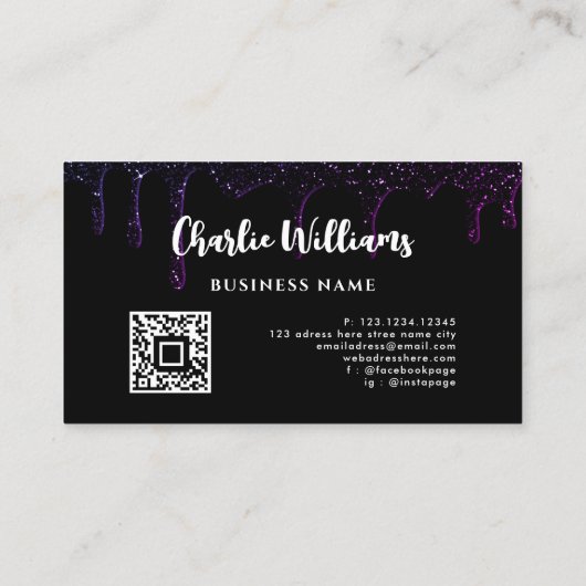 黒い滴下グリッターQRコード自分の画像を追加 名刺 (裏面)