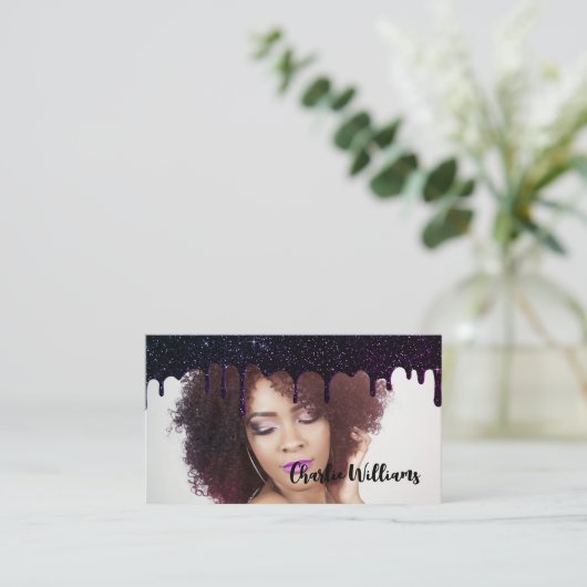 黒い滴下グリッターQRコード自分の画像を追加 名刺 (スタンド正面)