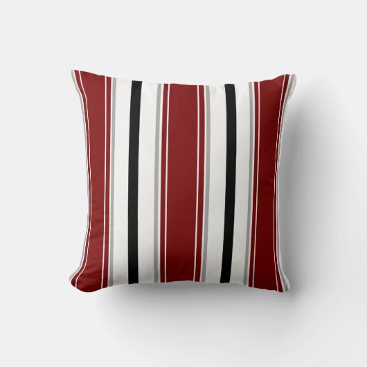 黒い濃い赤い灰色の白い垂直のパターストライプン クッション (正面)