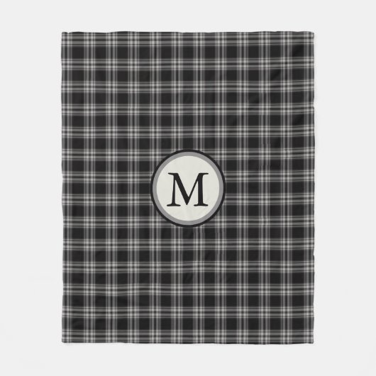黒い灰色および白い格子縞パターンモノグラム フリースブランケット (正面)