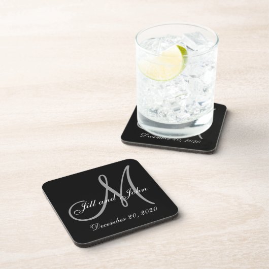 黒い灰色のエレガントなモノグラムの結婚式 コースター (右側)