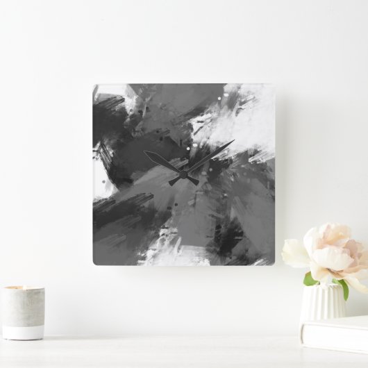 黒い灰色の白い抽象芸術モダン線 スクエア壁時計 (ホーム)