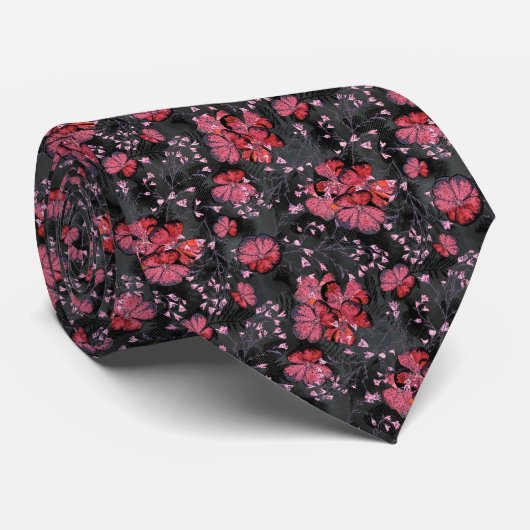黒い灰色の背景に赤い花。 ネクタイ (ロール)