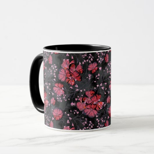 黒い灰色の背景に赤い花。 マグカップ (正面左)