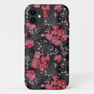 黒い灰色の背景に赤い花。 iPhone 11 ケース