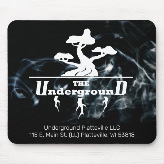 黒い煙の背景を持つビジネスロゴと情報 マウスパッド (正面)