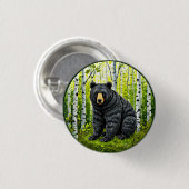 黒い熊が樺の木林に 缶バッジ (正面&裏面)