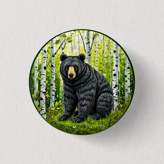 🐻 黒い熊の森の輝き ❄️ 白樺の森の自然 缶バッジ (正面)