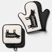 黒い牛のシルエットパーソナライズされた 鍋つかみ&鍋敷きセット (正面/裏面)