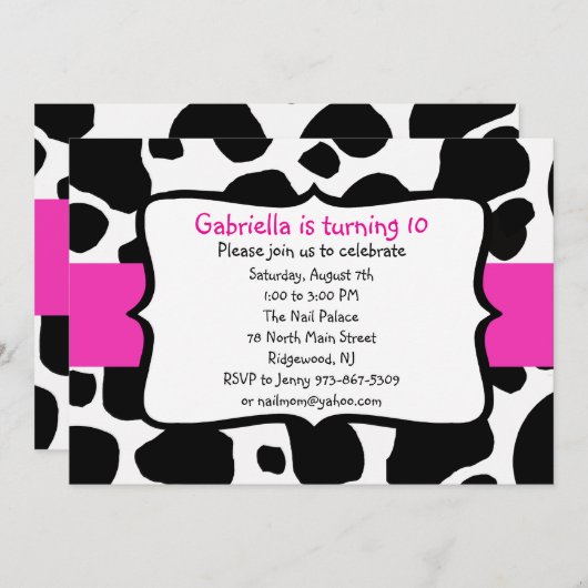 黒い牛プリント及びショッキングピンクのリボンの招待状 招待状 (正面/裏面)