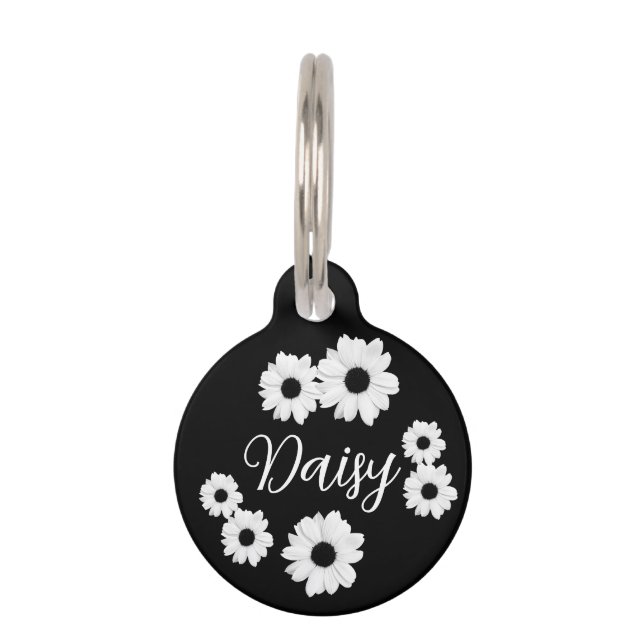 黒い犬の名札に白いデイジーと電話番号と住所 ペット　ネームタグ (正面)