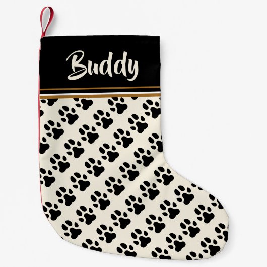 黒い犬の手のパターン – パーソナライズされた スモールクリスマスストッキング (正面)