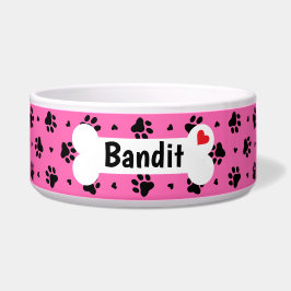 黒い犬の手のプリントとハートパターン ボウル