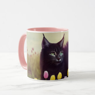 黒い猫がチューリップを抜け出す – Mug マグカップ