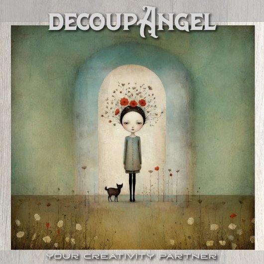 黒い猫と赤いケシを持つ女の子 – decompage - 薄葉紙