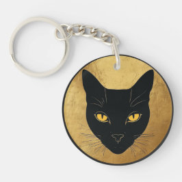 黒い猫のシルエット(金ゴールド円) キーホルダー