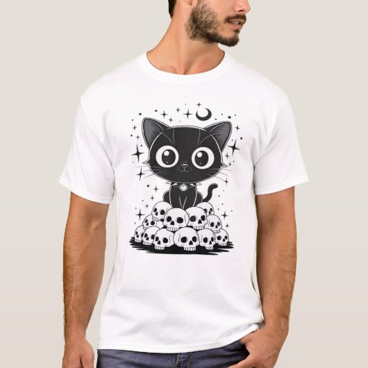 黒い猫のドクロ 怖可愛い 猫 グッズ ゴシック Tシャツ (正面)