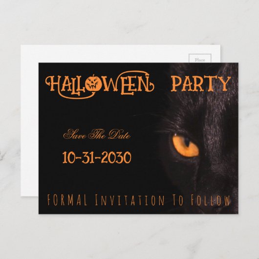 黒い猫の目のハローウィンパーティ日付を保存 案内ポストカード (正面/裏面)